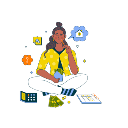 Investor reviewing finances surrounded by money and a calculator