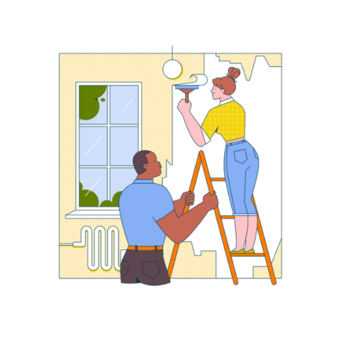 Two people renovating a room together on a ladder
