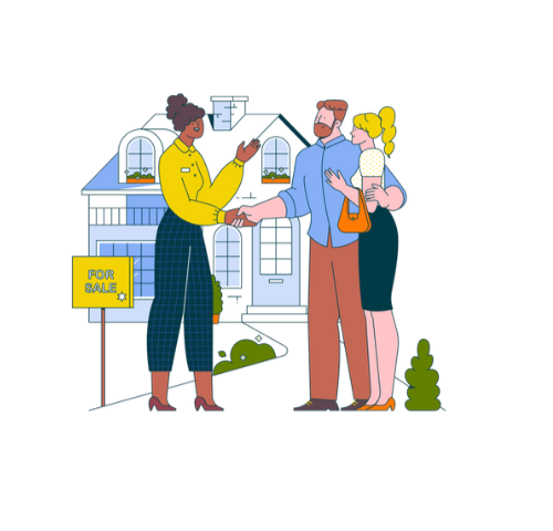 Landlord shaking hands with new tenants in front of a rental home